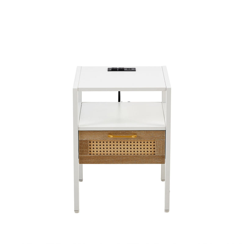 Rattan End Table With Power Outlet & USB Ports, Modern Nightstand With Drawer And Metal Legs, Side Table For Living Room, Bedroom