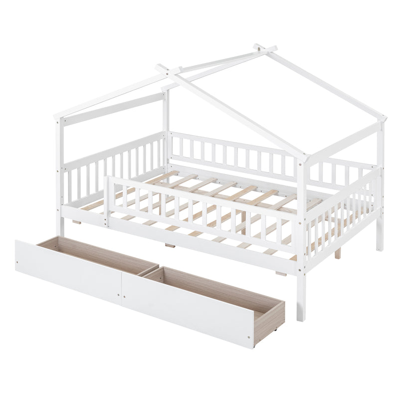 Full Size Wooden House Bed with Two Drawers, White