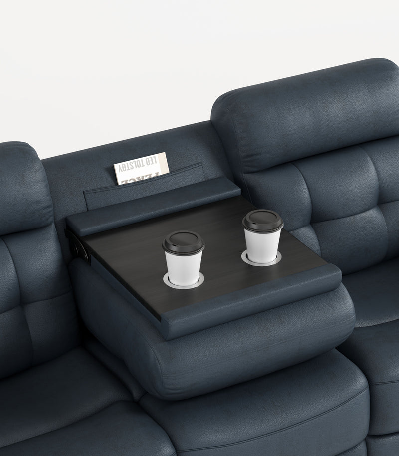 Genuine Leather Non-Power Reclining Sofa With Drop Down Table, Stainless Steel Cupholders And Magazine Bag