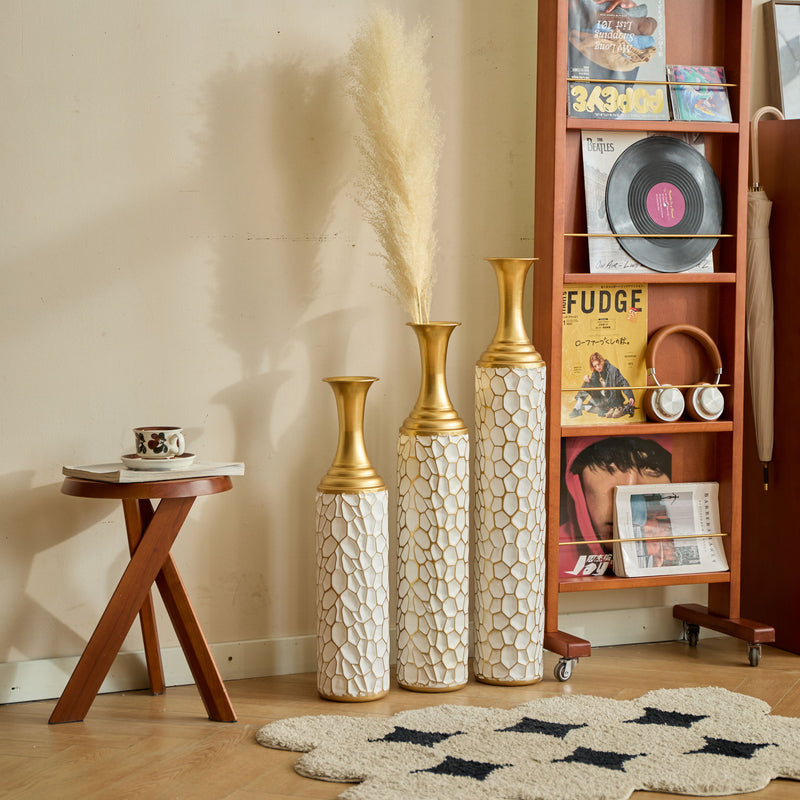 Floor Metal Vase Modern Style Decoration Home Metal Vase (Set of 3) Gorgeous Home Decoration Large Glazed Metal Vases - Gold / White