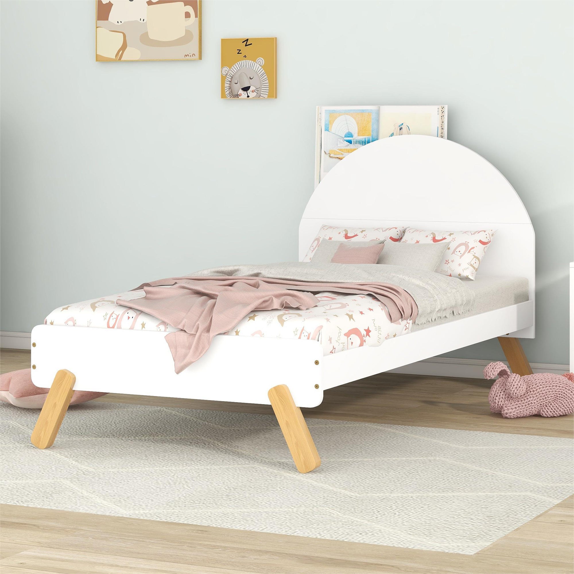 Wooden Cute Platform Bed With Curved Headboard,Twin Size Bed With Shelf Behind Headboard,White - Atlantic Fine Furniture Melbourne FL