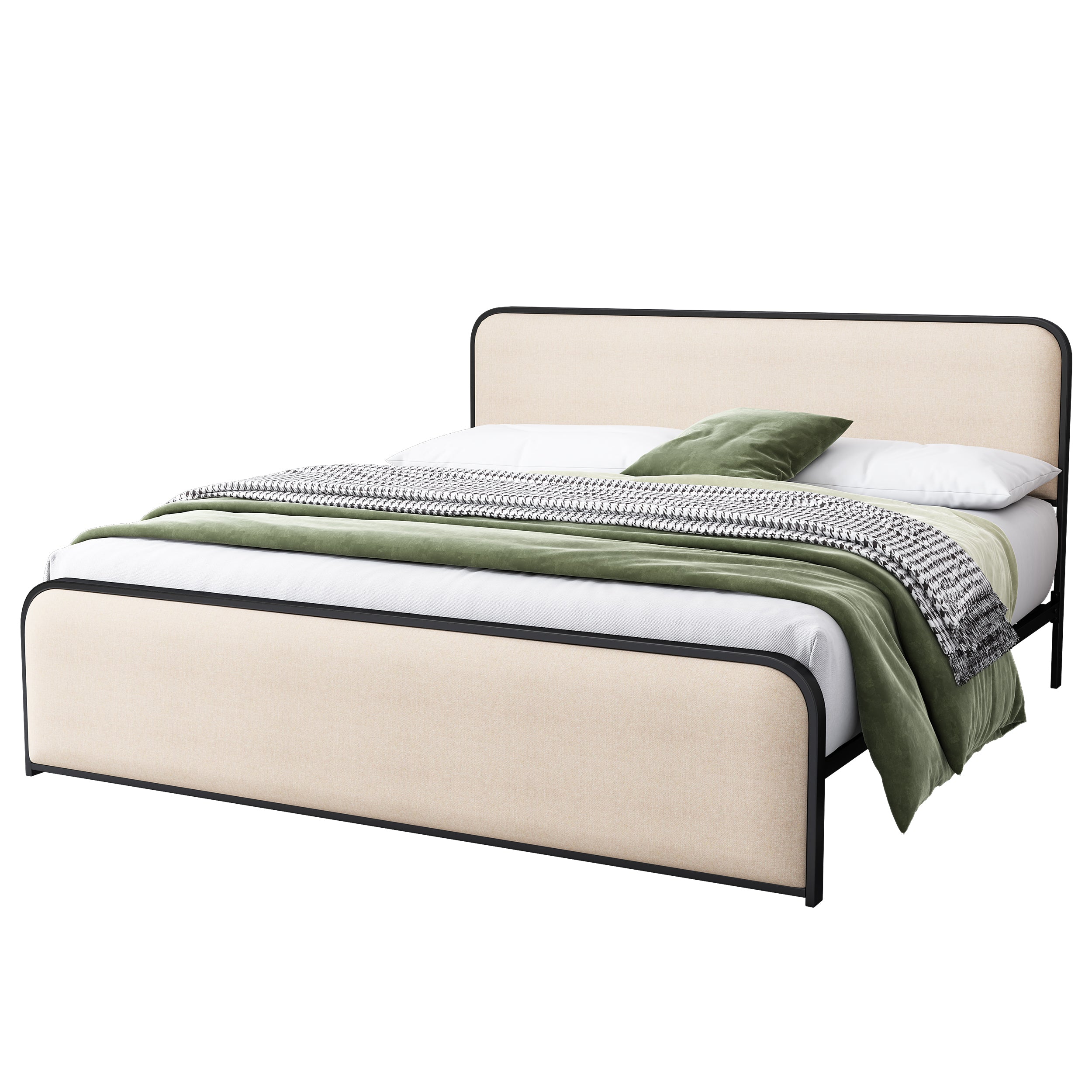 Modern Metal Bed Frame with Curved Upholstered Headboard and Footboard Bed with Under Bed Storage, Heavy Duty Metal Slats, King Size, Beige