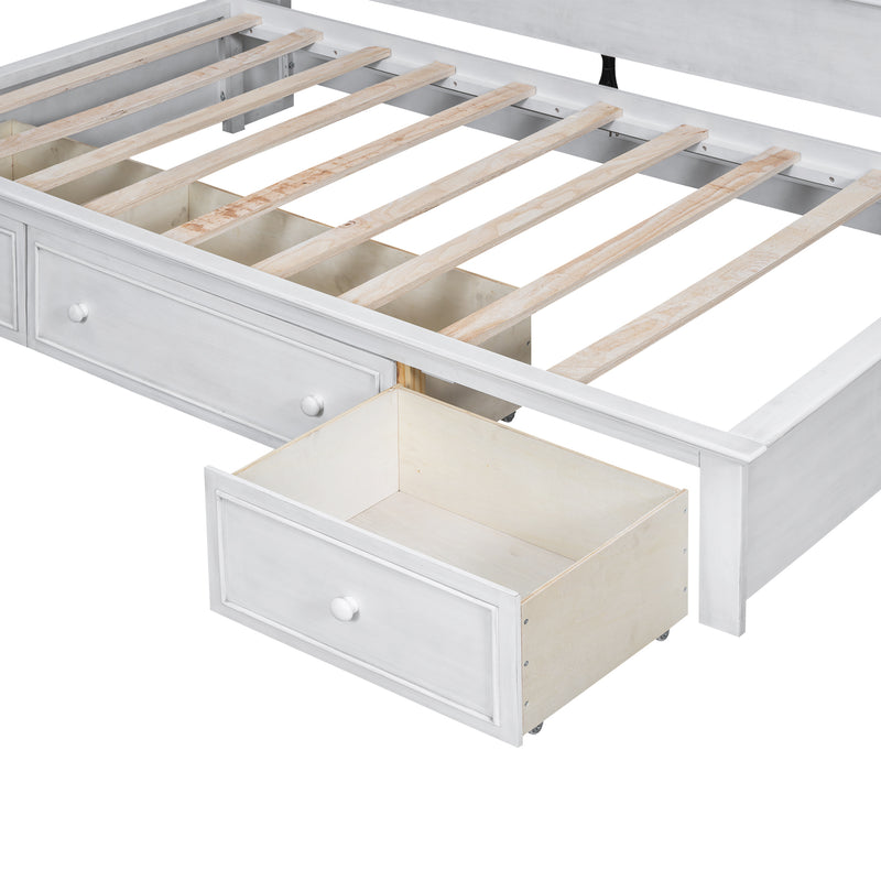 Twin Size Wood Daybed with Multi-Storage Shelves, Charging Station and 3 Drawers, Antique White