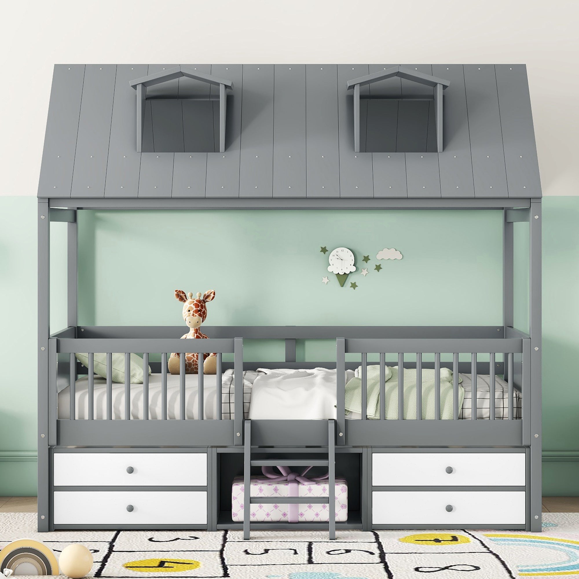 Twin Size Wood Bed House Bed Frame,Gray - Atlantic Fine Furniture Melbourne FL