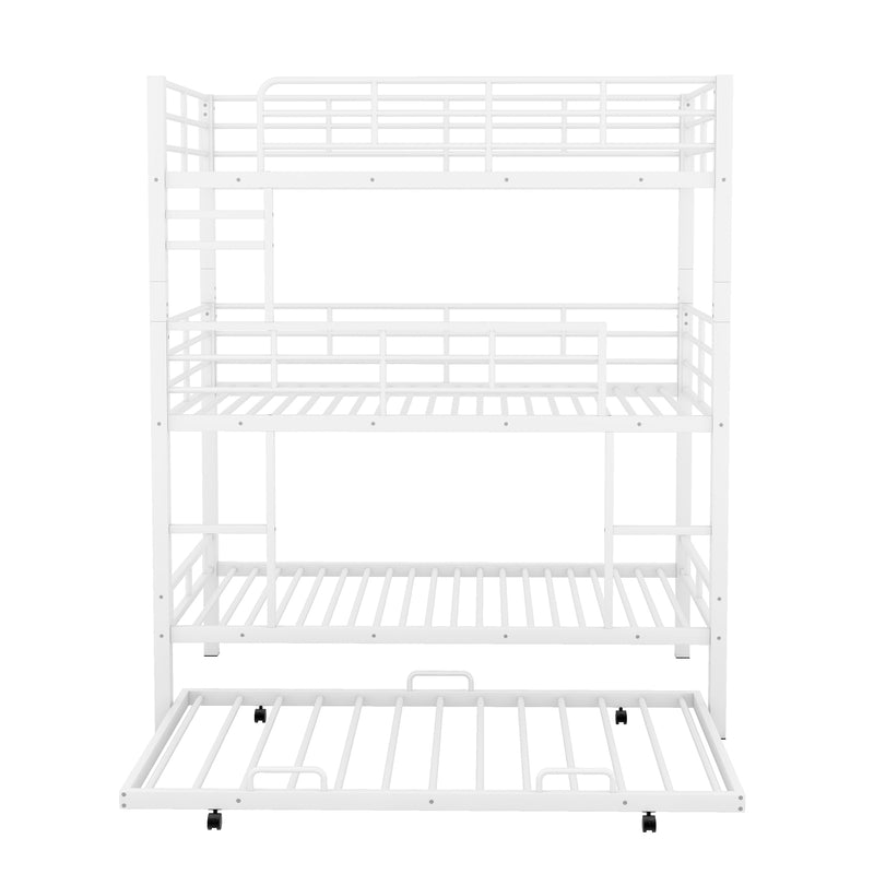Metal Twin Size Triple Bunk Bed With Trundle, White