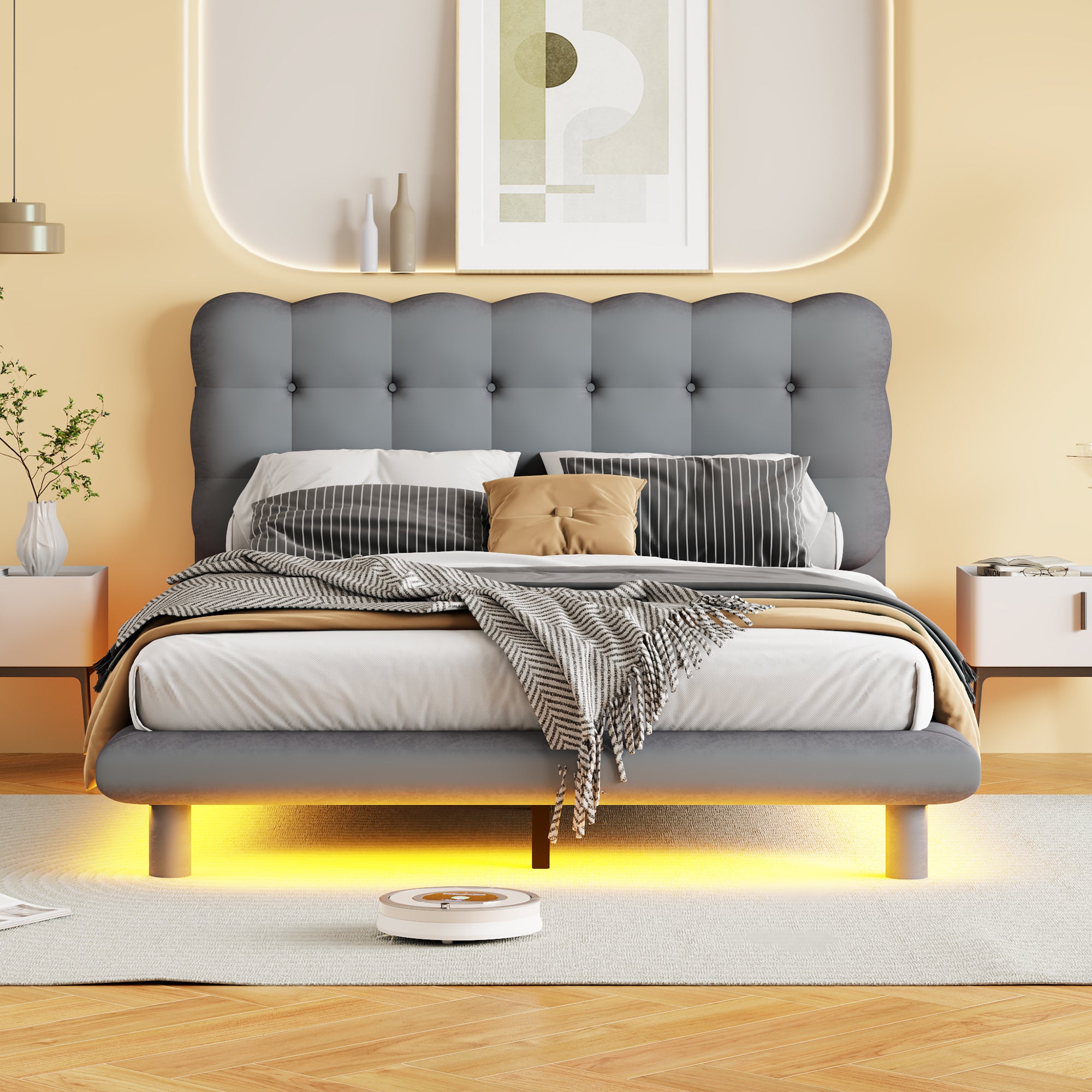 Full Size Velvet Platform Bed with LED Frame, Thick & Soft Fabric and Button-tufted Design Headboard, Gray - Atlantic Fine Furniture Melbourne FL