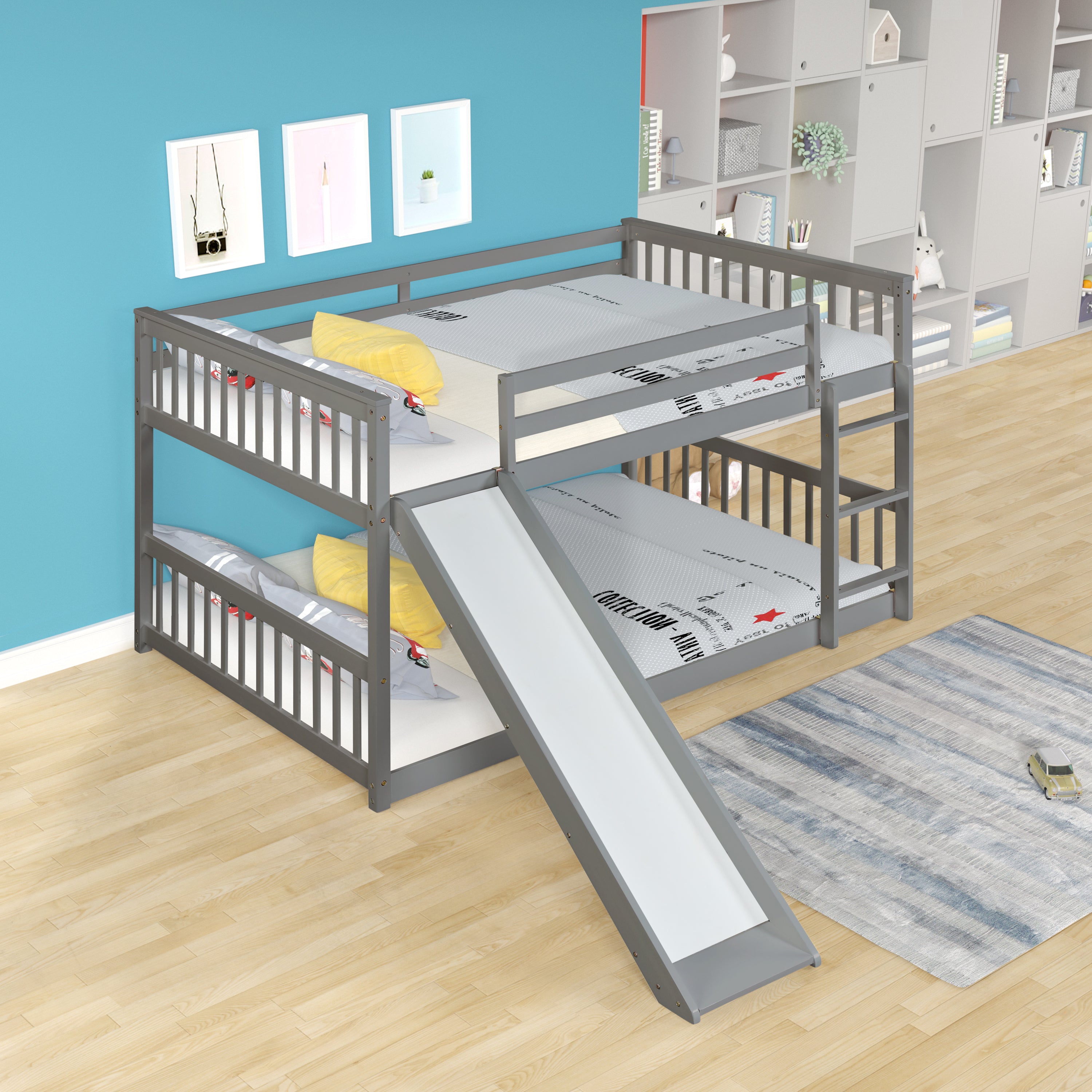 Full over Full Bunk Bed with Slide and Ladder in Grey Color
