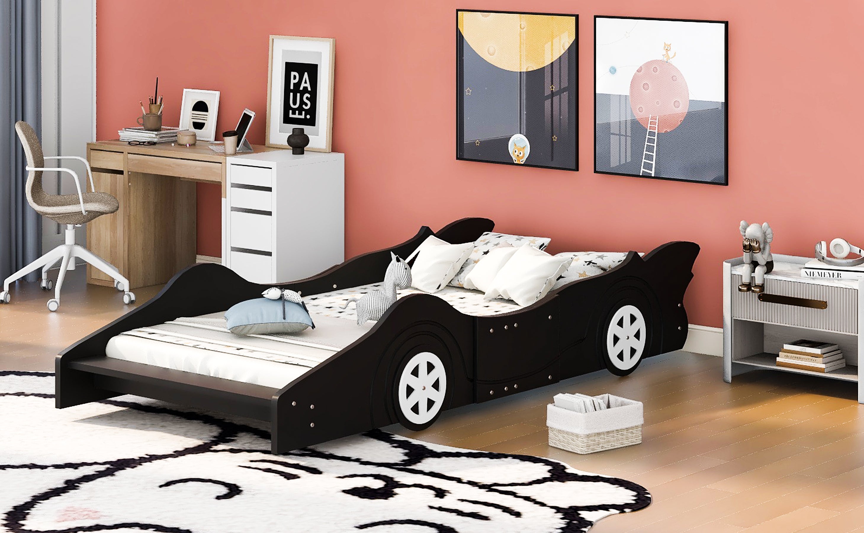 Twin Size Race Car-Shaped Platform Bed with Wheels,Black - Atlantic Fine Furniture Melbourne FL