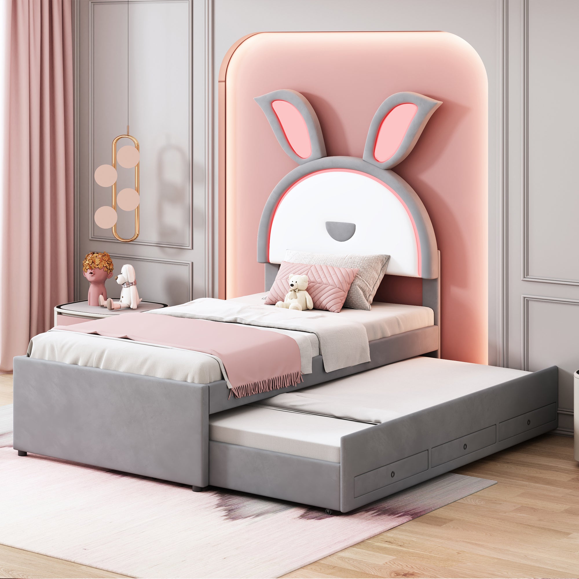 Twin Size Upholstered Platform Bed with Trundle and 3 Drawers, Rabbit-Shaped Headboard with Embedded LED Lights, Gray - Atlantic Fine Furniture Melbourne FL
