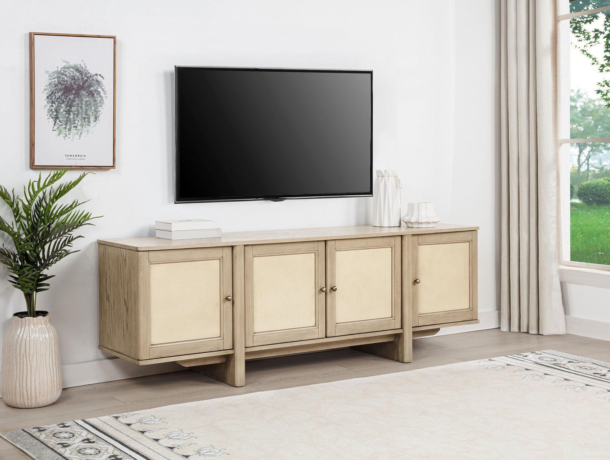 Kailani 79-inch 4-door Cane TV Stand Media Console Beige Oak