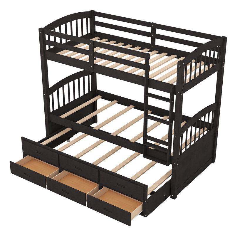 Twin over Twin Wood Bunk Bed with Trundle and Drawers, Espresso