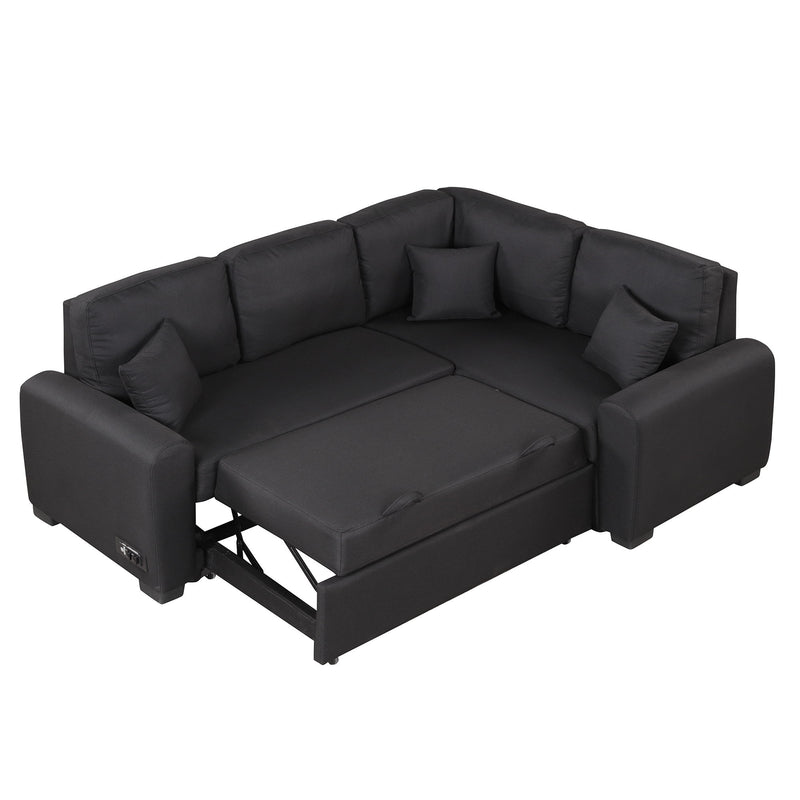 Sectional Sleeper Sofa With USB Charging Port And Plug Outlet, Pull-Out Sofa Bed With 3 Pillows, L-Shape Chaise For Living Room Small Apartment