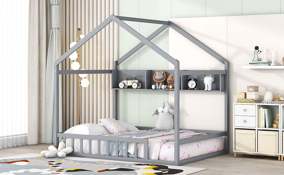Wooden Full Size House Bed with Storage Shelf,Kids Bed with Fence and Roof, Gray - Atlantic Fine Furniture Melbourne FL