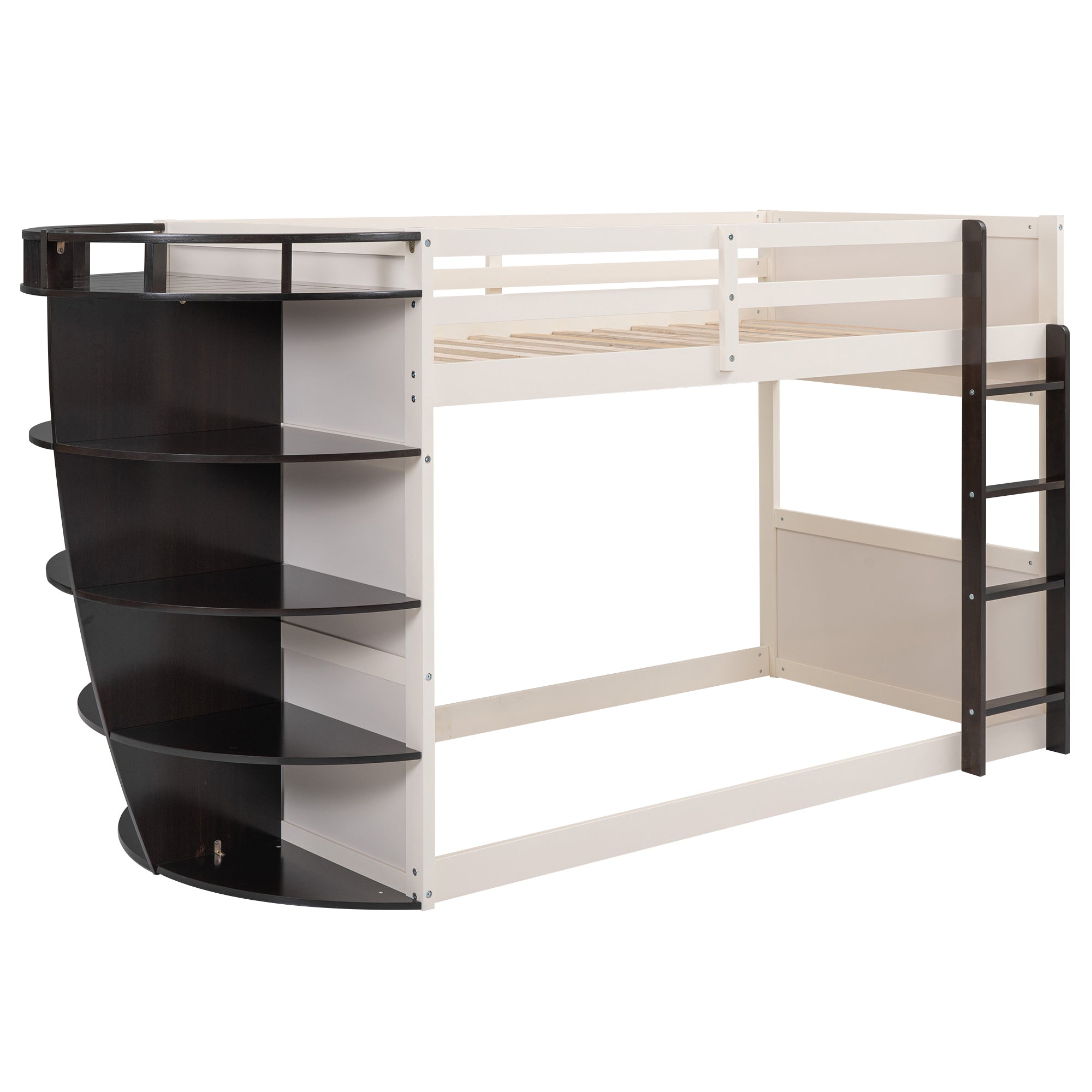 Twin over Twin Boat-Like Shape Bunk Bed with Storage Shelves, Cream+Espresso - Atlantic Fine Furniture Melbourne FL