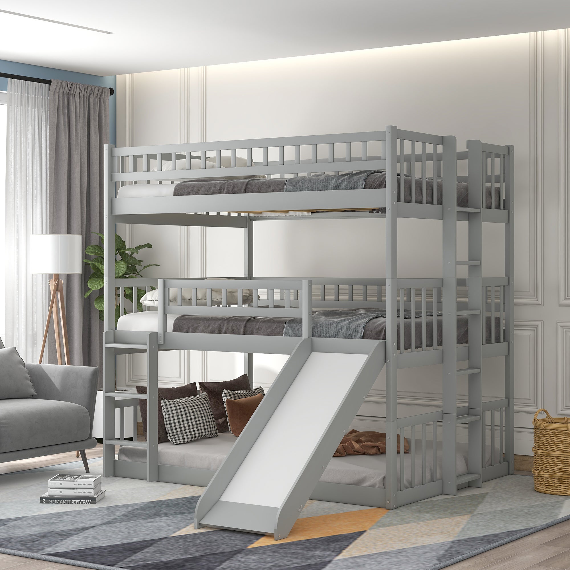 Full-Over-Full-Over-Full Triple Bed with Built-in Ladder and Slide , Triple Bunk Bed with Guardrails, Gray(OLD SKU :LP000052AAE) - Atlantic Fine Furniture Melbourne FL