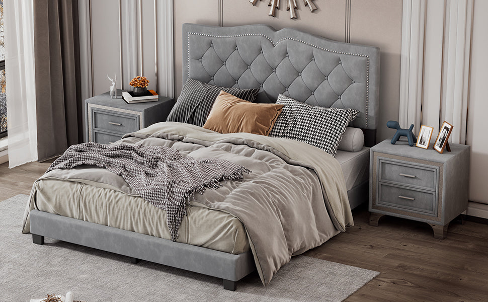 Queen Size Upholstered Bed Frame with Rivet Design, Modern Velvet Platform Bed with Tufted Headboard,Gray - Atlantic Fine Furniture Melbourne FL