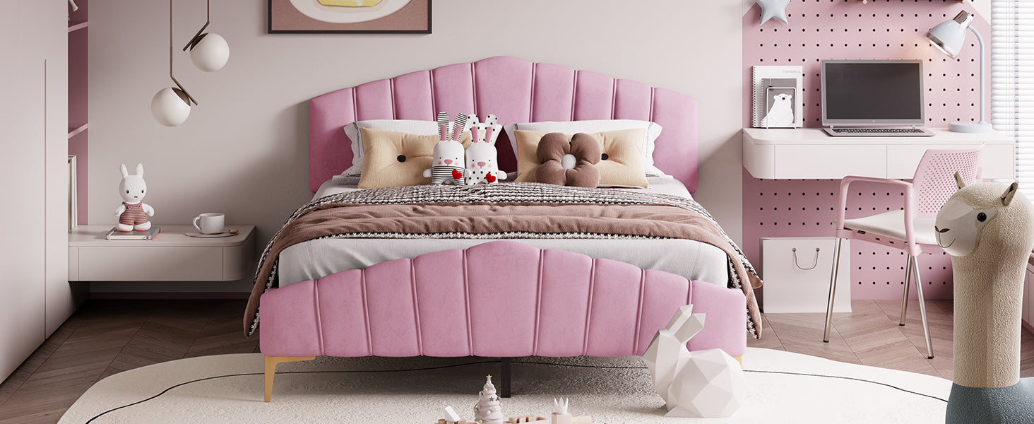 Queen Size Velvet Platform Bed with Thick Fabric, Stylish Stripe Decorated Bedboard and Elegant Metal Bed Leg, Pink - Atlantic Fine Furniture Melbourne FL