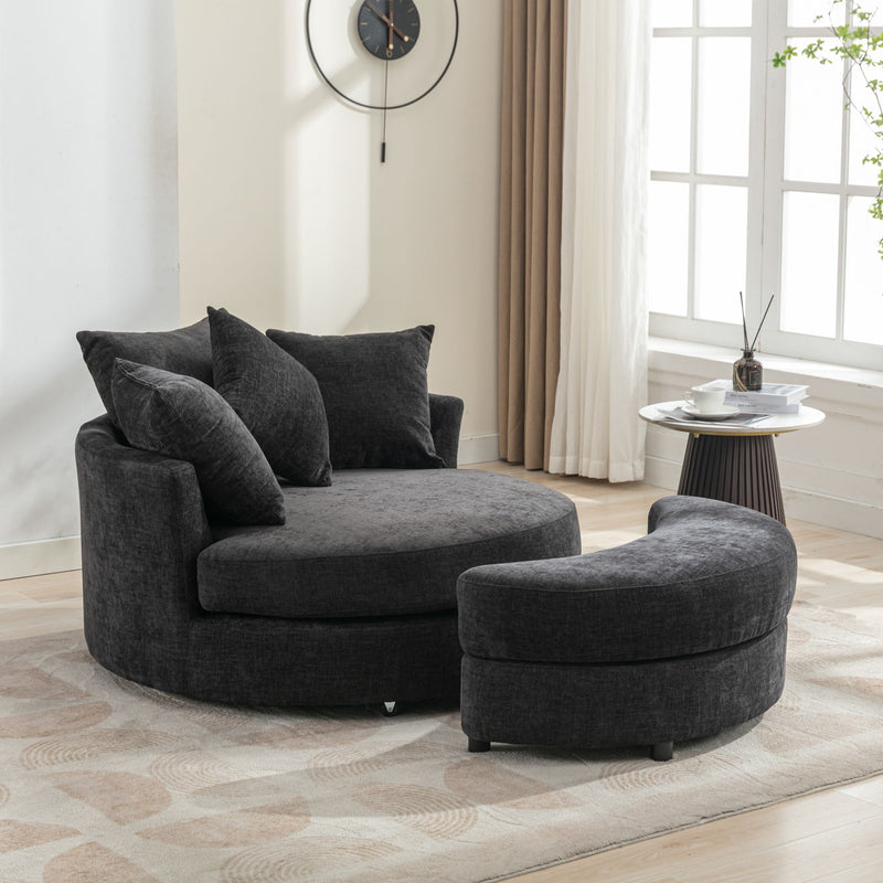 360° Swivel Accent Barrel Chair With Storage Ottoman & 4 Pillows, Modern Chenille Leisure Chair Round Accent For Living Room