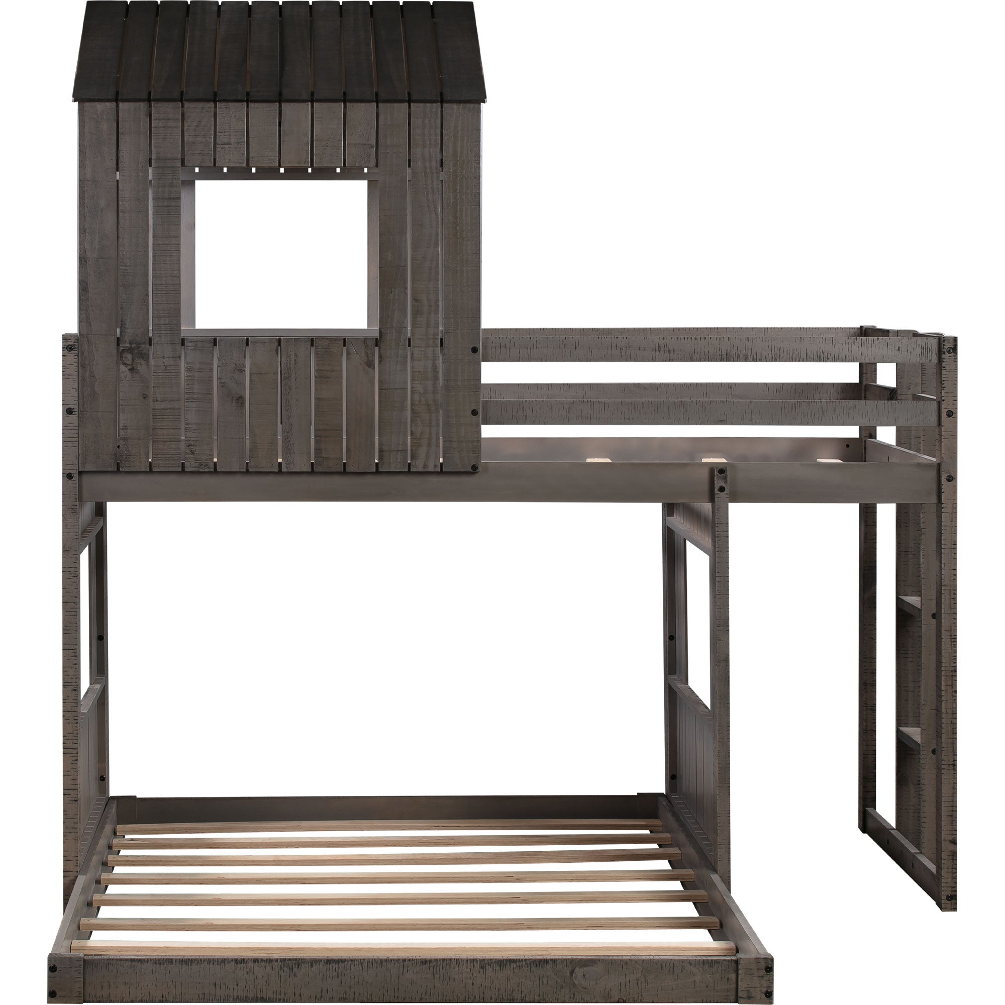 Wooden Twin Over Full Bunk Bed, Loft Bed with Playhouse, Farmhouse, Ladder and Guardrails , Antique Gray( old sku: LT000027AAE ) - Atlantic Fine Furniture Melbourne FL