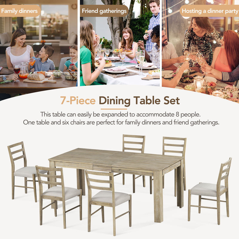 Wooden Dining Table Set Mutifunctional Extendable Table With Leaf And 2 Drawers, Dining Chairs With Soft Cushion