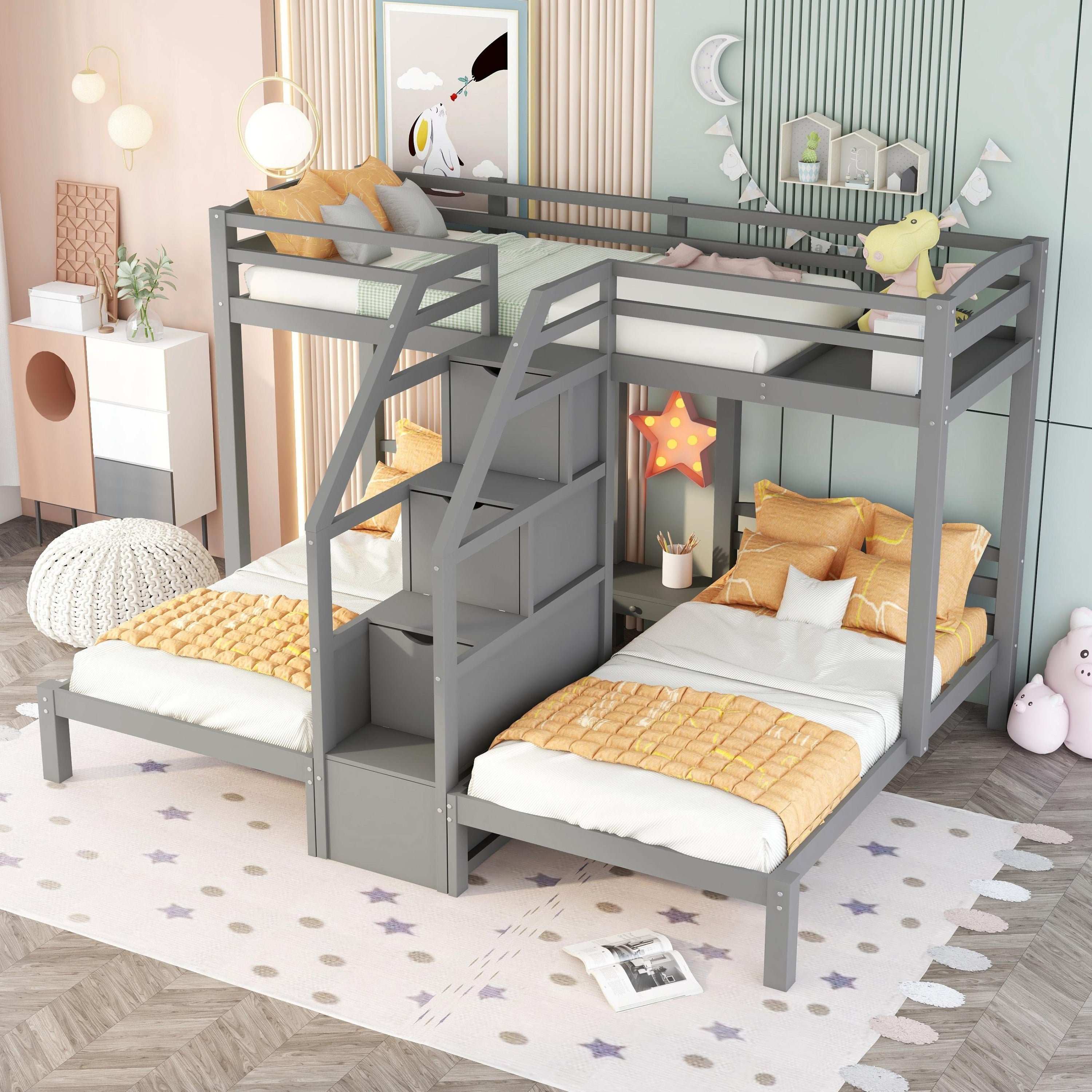 Twin over Twin & Twin Bunk Bed with Built-in Staircase and Storage Drawer,Gray - Atlantic Fine Furniture Melbourne FL