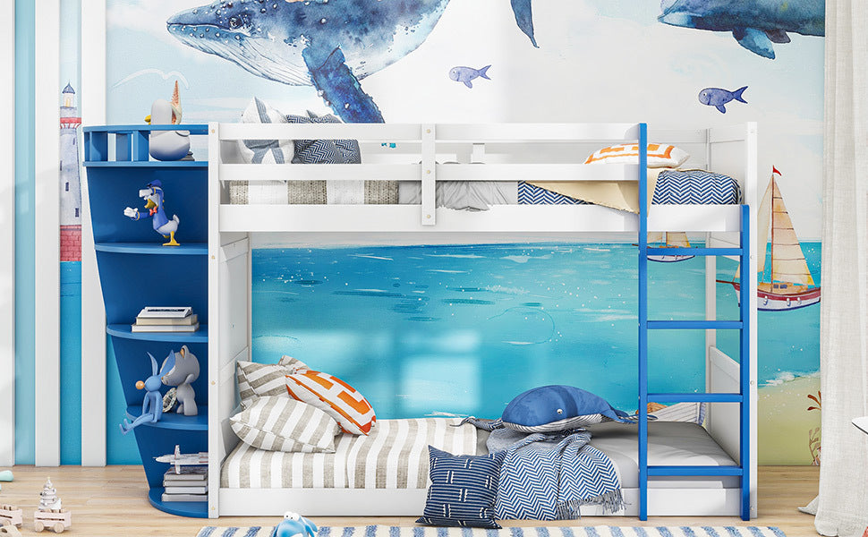Twin over Twin Boat-Like Shape Bunk Bed with Storage Shelves, White+Blue - Atlantic Fine Furniture Melbourne FL