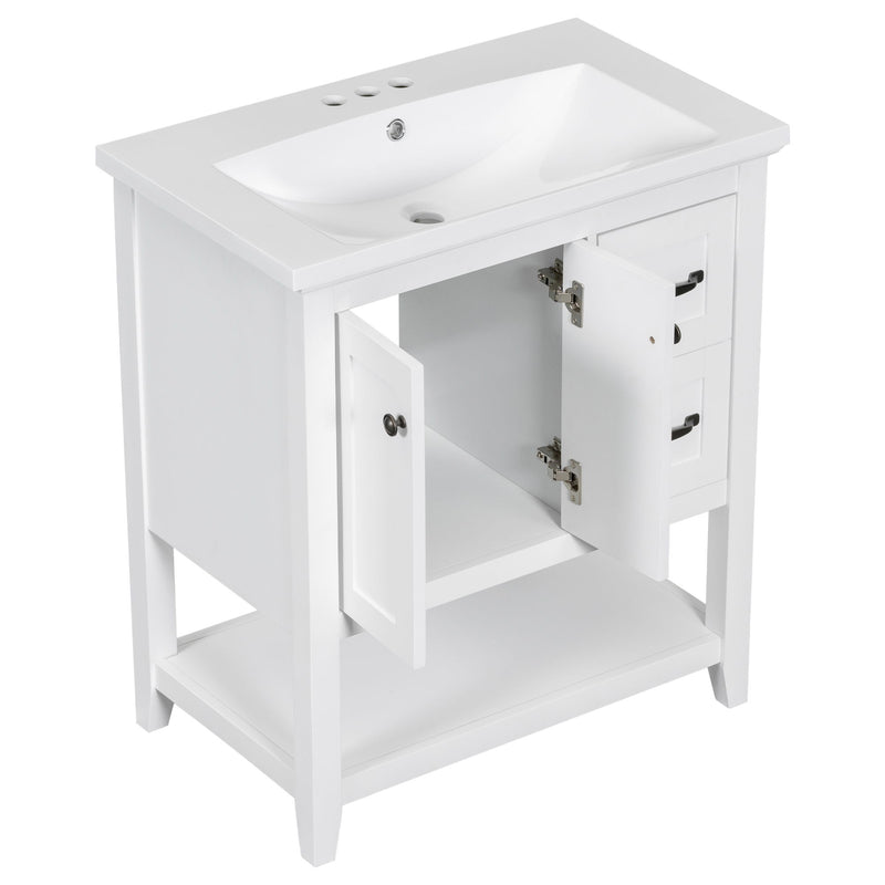 Bathroom Vanity With Ceramic Sink Top, Vanity Cabinet With Multi-Functional Drawer, Solid Wood Legs - White