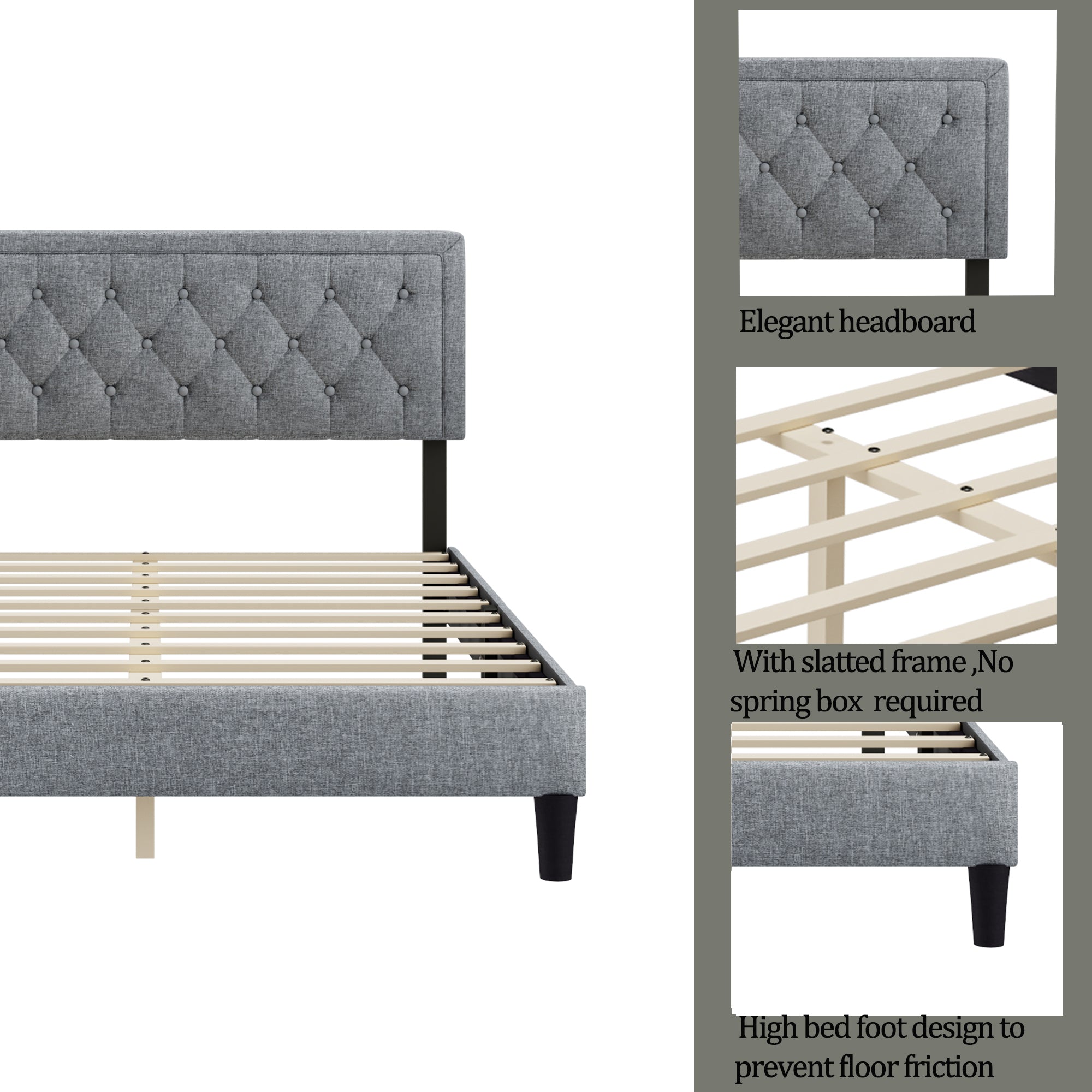 King size Panel Bed Frame with Adjustable Button-Tufted Headboard for Bedroom/Linen Upholstered/Wood Slat Support/Easy Assembly,Light Grey