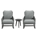 Modern 3 Piece Outdoor Seating Set With Cushioned Rattan Rocking Chairs And Wooden Accent Table
