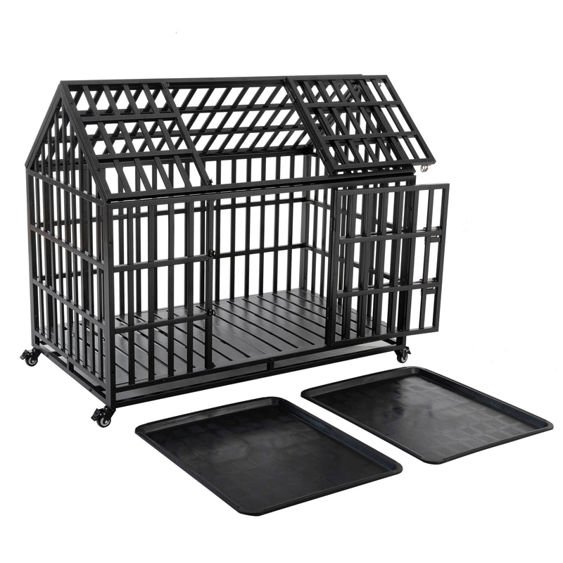 Heavy Duty Dog Crate Large Dog Cage Strong Metal Dog Kennels And Crates For Large Dogs With 4 Lockable Wheels - Black