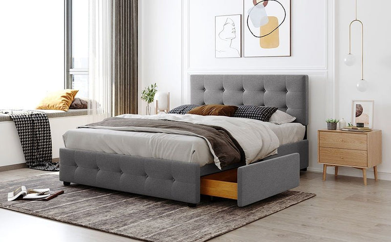 Upholstered Platform Bed With Classic Headboard And 4 Drawers, No Box Spring Needed