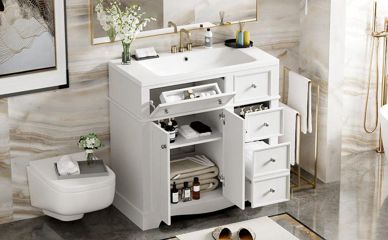 Bathroom Vanity With Resin Sink Combo, Frame Bathroom Storage Cabinet, Freestanding Vanity Set With 3 Drawers & Adjustable Shelf - White
