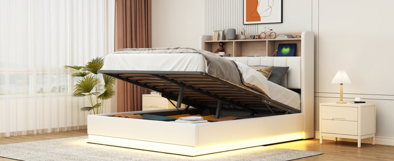 Queen Size  Upholstered Platform Bed with Storage Headboard and Hydraulic Storage System, PU Storage Bed with LED Lights and USB charger, White