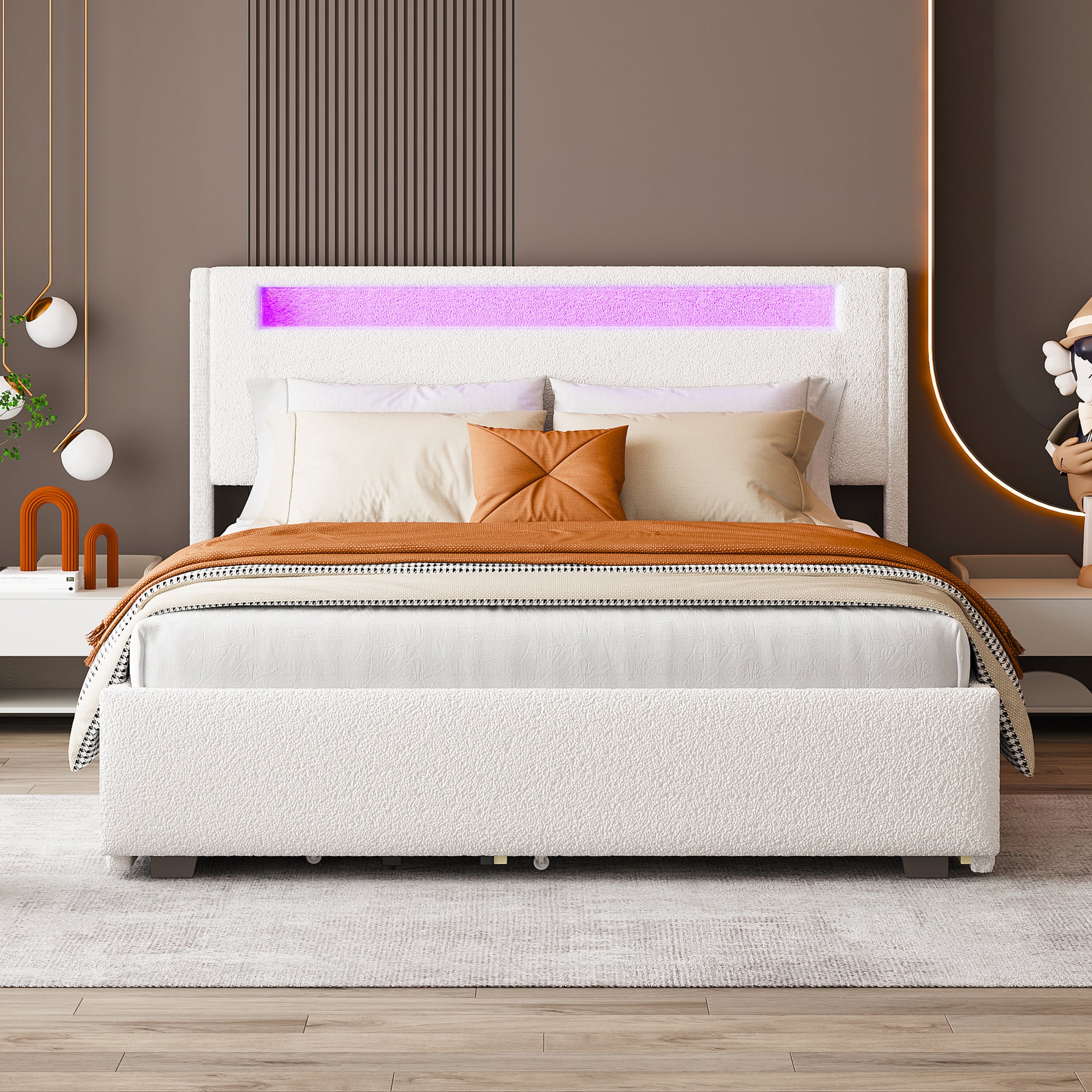 Queen Size Upholstered Platform Bed with LED Frame, with Twin  XL Size Trundle and 2 drawers, Teddy Fleece, White - Atlantic Fine Furniture Melbourne FL