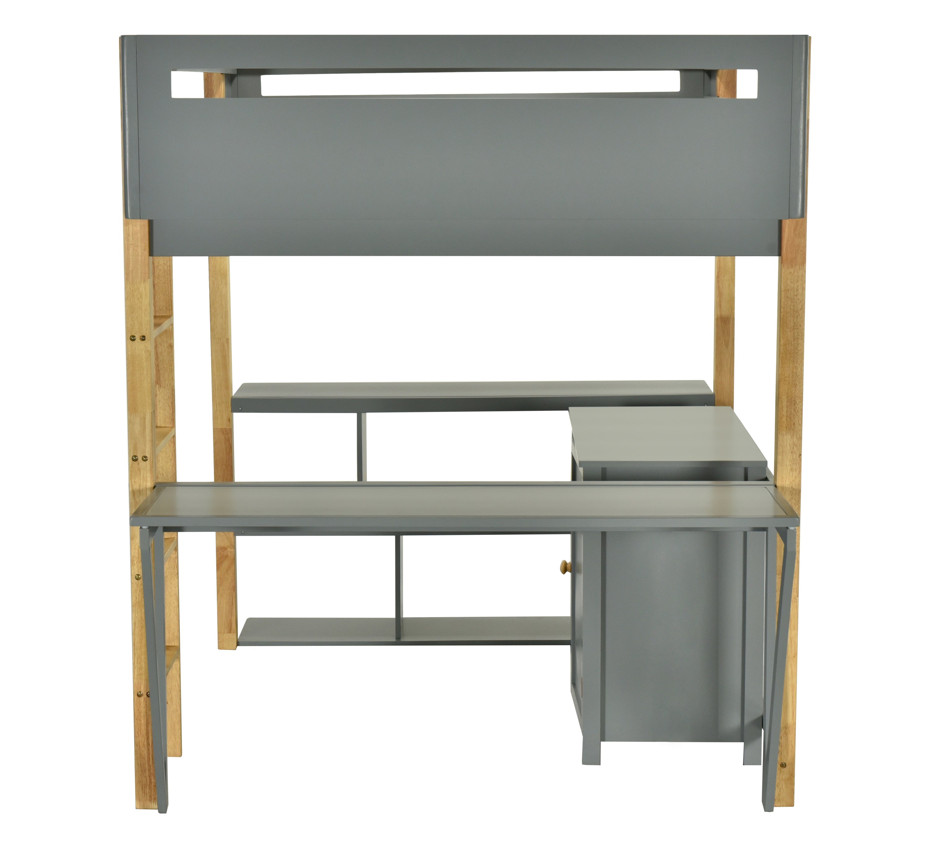 Full Size Wood Loft Bed With Built-in Storage Cabinet and Cubes, Foldable desk, Gray