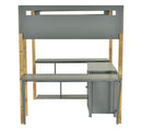 Full Size Wood Loft Bed With Built-in Storage Cabinet and Cubes, Foldable desk, Gray