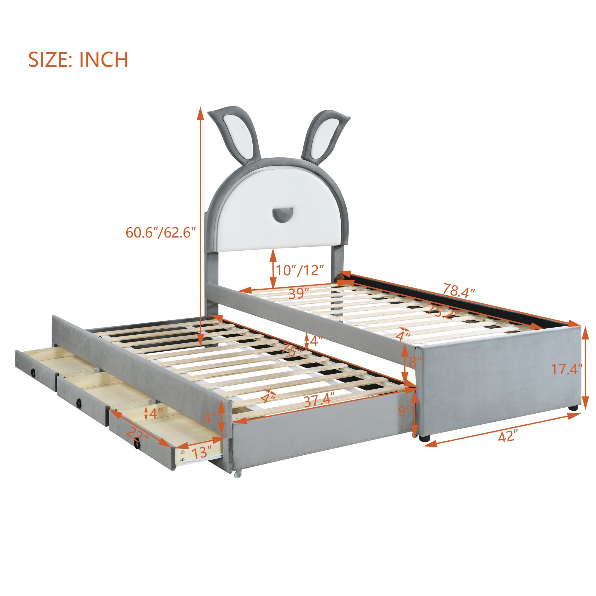 Twin Size Upholstered Platform Bed with Trundle and 3 Drawers, Rabbit-Shaped Headboard with Embedded LED Lights, Gray - Atlantic Fine Furniture Melbourne FL
