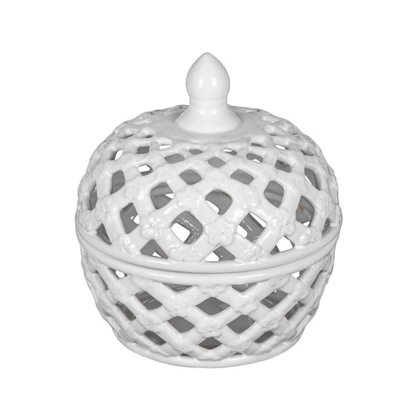 Ceramic Lidded Jar With Lattice Design - White