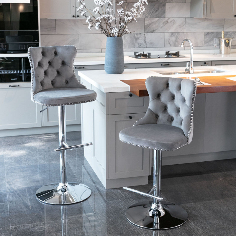 Swivel Velvet Barstools Adjusatble Seat Height From 25-33", Modern Upholstered Chrome Base Bar Stools With Backs Comfortable Tufted For Home Pub And Kitchen Island (Set of 2)