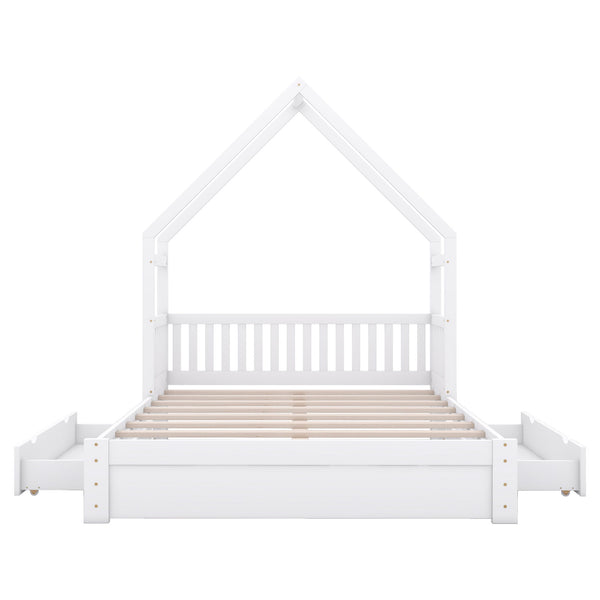 House Style Platform Bed With Guardrail And 2 Drawers
