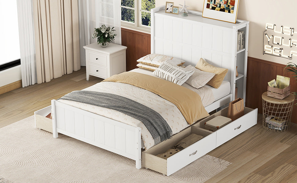 Full Size Platform Bed with Drawers and Storage Shelves, White - Atlantic Fine Furniture Melbourne FL