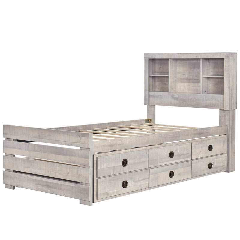Farmhouse Style Twin Size Bookcase Captain Bed with Three Drawers and Trundle, Rustic White