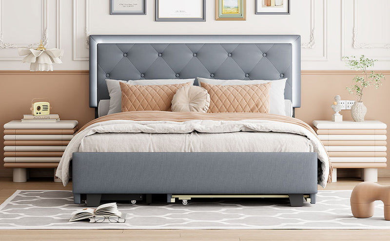 Queen Size  Velvet Storage Platform Bed, with 2 Big Drawers, Twin XL Size Trundle and LED Light, Gray