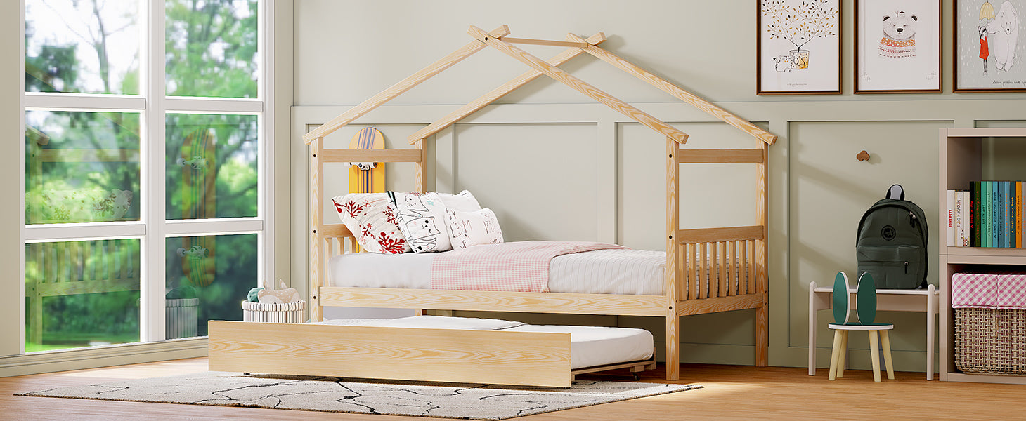 Twin Size Wooden House Bed with Twin Size Trundle, Natural - Atlantic Fine Furniture Melbourne FL