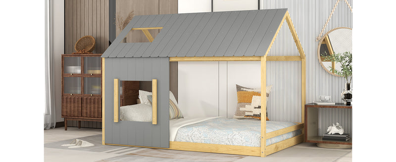 Full Size House Bed with Roof and Window - Gray+Natural