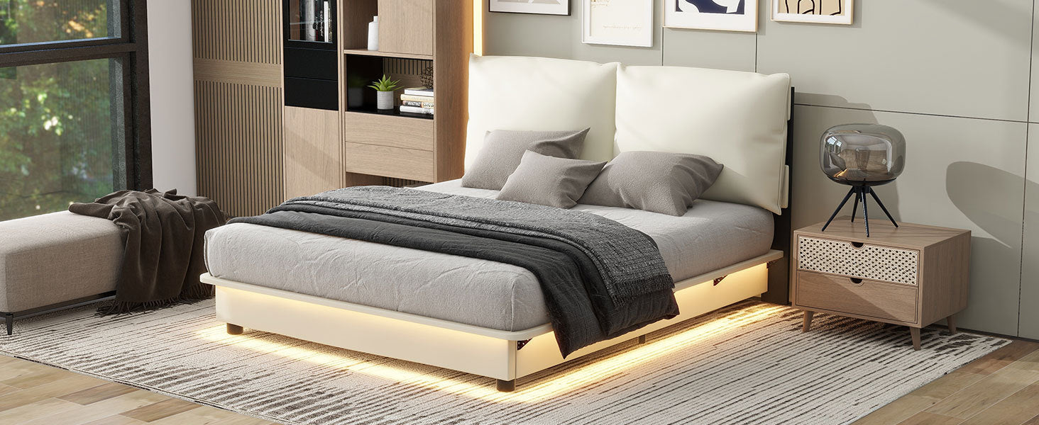 Queen Size Upholstered Platform Bed with Sensor Light and Ergonomic Design Backrests, White - Atlantic Fine Furniture Melbourne FL