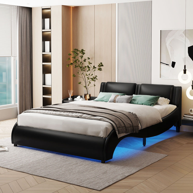 Upholstered Platform Bed With LED Light, Frame Slatted