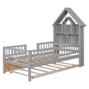 Twin Size House-Shaped Headboard with Fence Guardrails and Trundle ,Grey