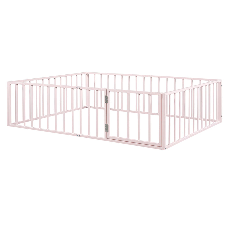 Metal Floor Bed Frame With Fence And Door - Black