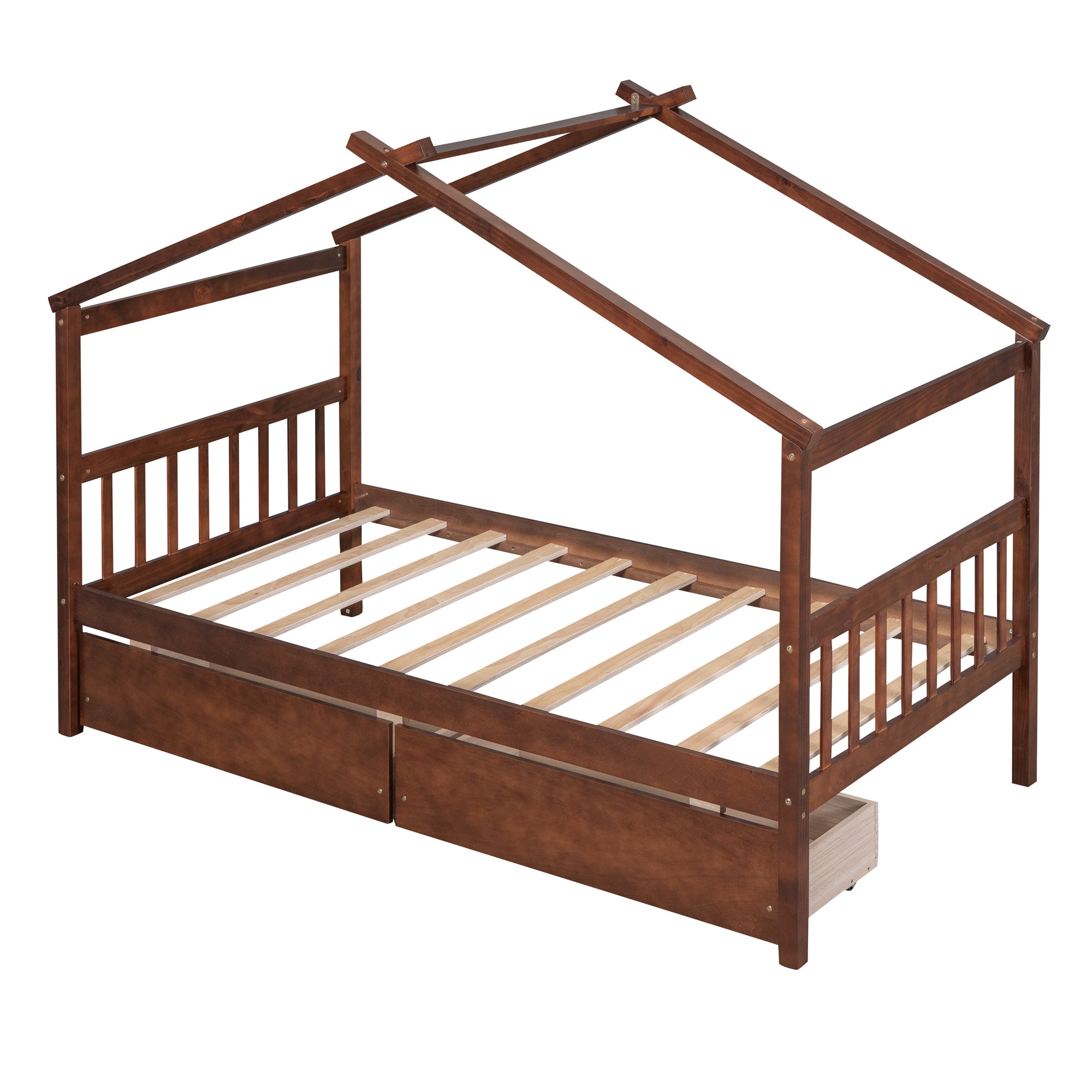 Twin Size Wooden House Bed with Drawers, Walnut - Atlantic Fine Furniture Melbourne FL